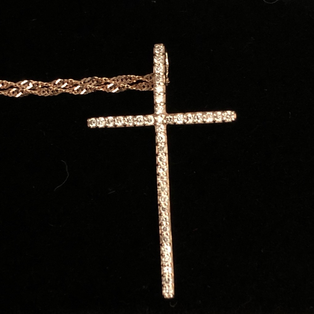 14k rose gold diamond cross with matching 20inch rope